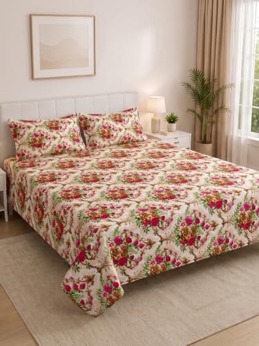 Image of Mafatlal 130 GSM Pearl Contemporary Double Bedsheet with 2 Pillow Covers | 90 x 100 Inches | Premium Printed Bedding | Smooth Hand Feel, Strong Stitching, Fade Guard, Easy Care Fabric | Beige-Pink