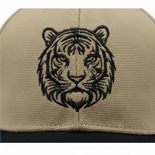 Image of Beige Cotton Baseball Cap with Tiger Embroidery for Men & Women, Adjustable Metal Buckle Strap, Curved Visor Sun Cap for Casual Wear, Travel & Outdoor (Pack of 1)