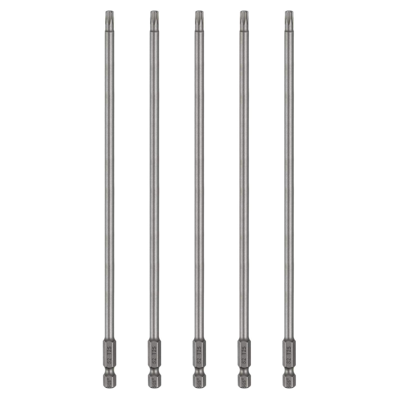 sourcing map 5pcs T25 Torx Head Screwdriver Bit 1/4" Hex Shank 8" (200mm) Long Magnetic No Hole Tip Tamper Proof 6 Point Star Screw Driver Drill Bits S2 Steel Industrial Power Screwdrivers