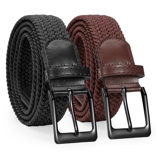 Image of SANSTHS 2 Pack Stretch Braided Elastic Belt for Men, 1 3 /8 inch Elastic Woven Belts Mens Stretch Belt for Casual Golf Jeans