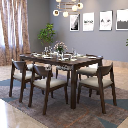Image of DRIFTINGWOOD Liana Solid Sheesham Wood Dining Table 6 Seater | Wooden Six Seater Dinning Table with Beige Cushion Chairs | Dinner Table 6 Seater | Dining Room Sets | Self Assembly Walnut Finish