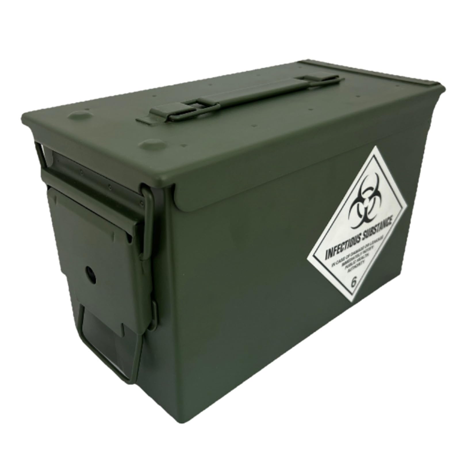 GREENZONE New .50 Cal Metal Military Army Ammo Tin with Stickers, Storage Box with Removable Hinged Lid & Rubber Waterproof Seal (Infectious Substance 6)