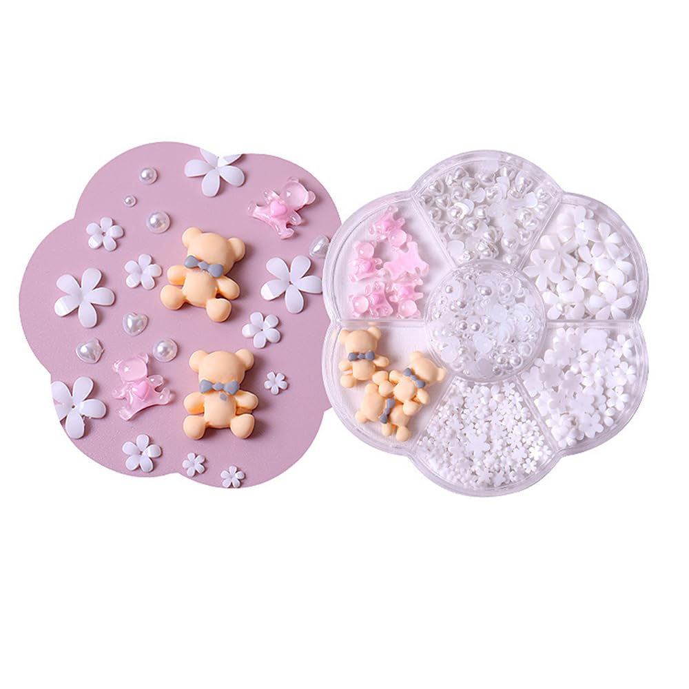 SHANRUN Colorful Bear Flowers Nail Charms - Cute Kawaii 3D Resin Acrylic Nail Gems Pearl Bear Nail Charms Set for Press on Nails Art Design DIY Loving Heart Nail Art Rhinestones Decoration Supplies