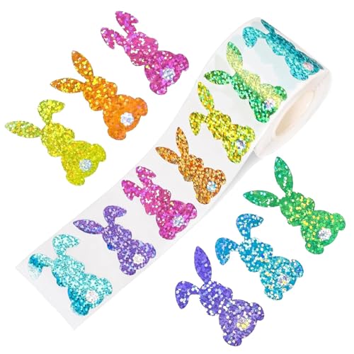 Glitter Bunny Stickers Roll 500Pcs Colorful Laser Rabbit Seal Stickers Easter Waterproof Self-Adhesive Decals for Gift Wrapping Envelope Journal Party Supplies
