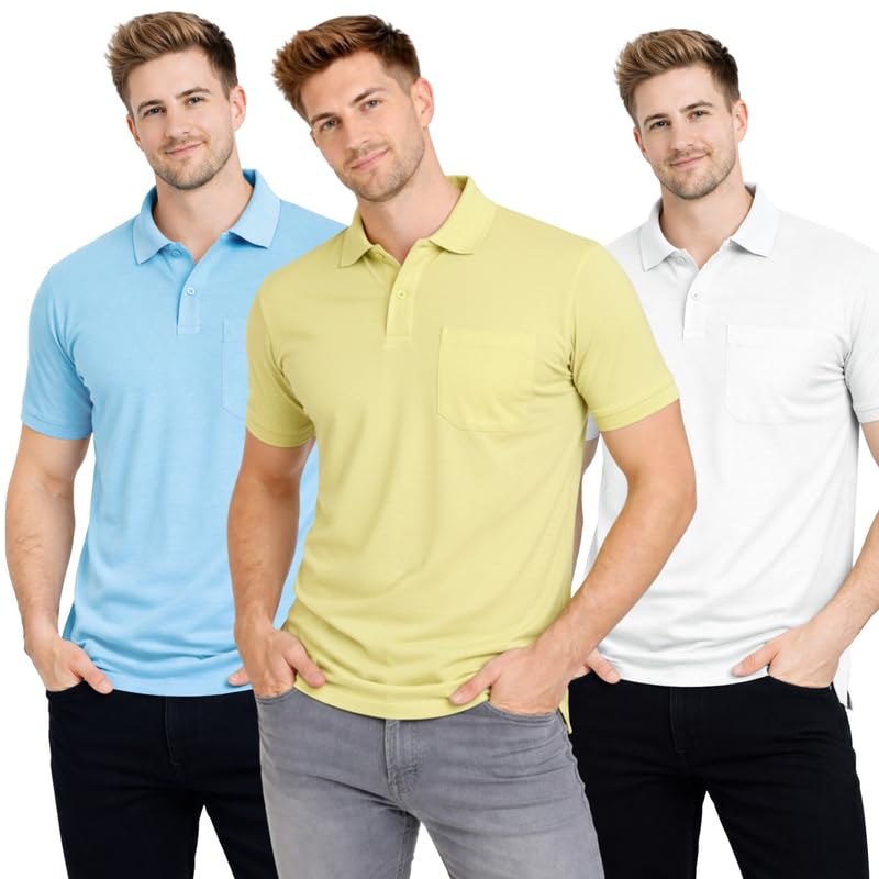 Image of SMAN Polo Neck T-Shirt Pack of 3 for Men & Boys | Half Sleeve Collar Tee with Pocket | Premium Spun Matty Fabric | Casual & Office Wear | Sizes M to 2XL | FX PO3 MCR LMN WHT