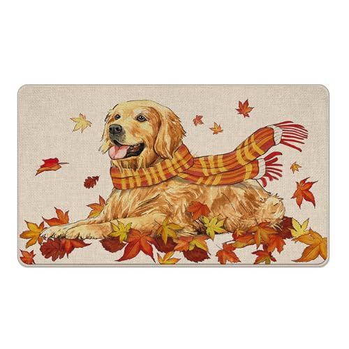 Tailus Fall Golden Retriever Dog Decorative Front Door Mat, Autumn Pet Maple Leaves Doormat Indoor Outdoor Non-Slip Floor Entryway Rug, Seasonal Home Kitchen Decoration Dog Lover Gift 17x29 Inch