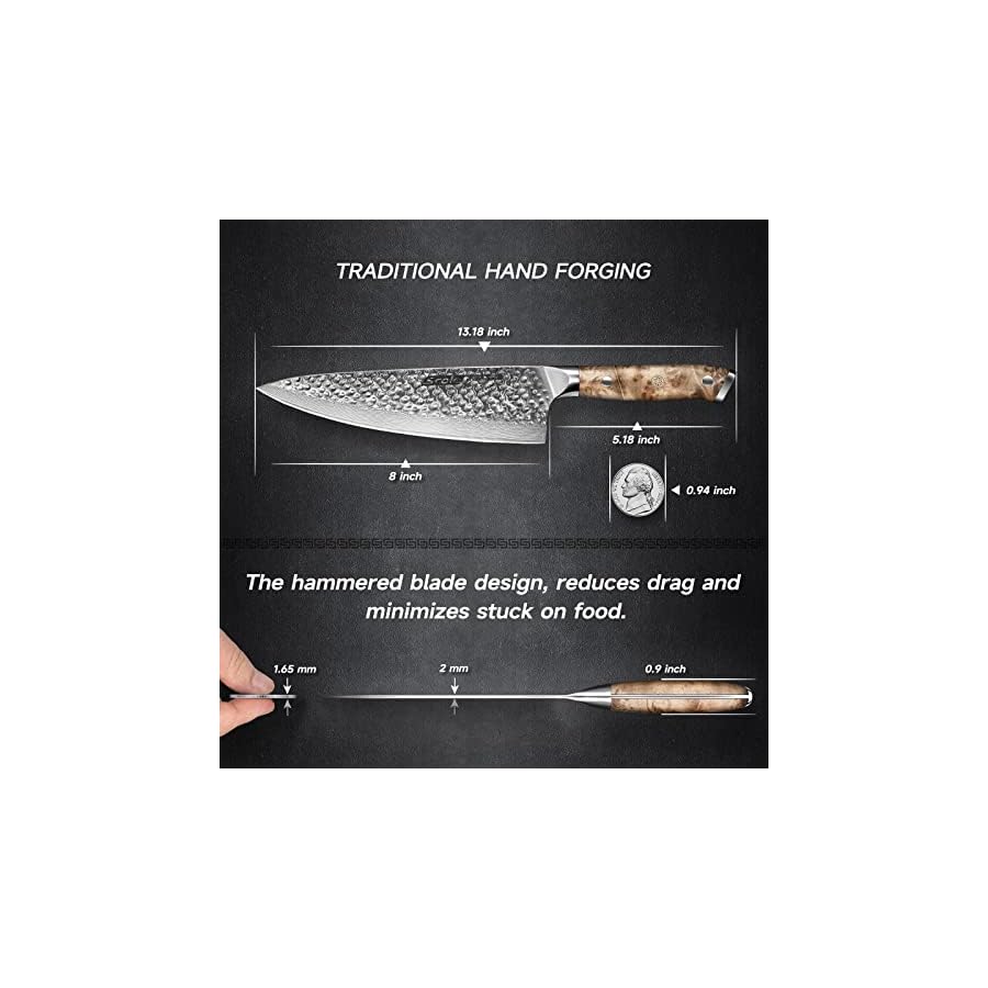 SCOLE® Chef Knife, 8 Inch Japanese Chefs Knife Damascus, Kitchen Knife with Figured Maple Wood Handle, VG-10 Steel Core, Gift Box for Family & Restaurant