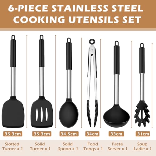 Joyfair 6 Pieces Kitchen Utensils Set, Silicone with Stainless Steel Core Cooking Utensils Set, Black Gadgets Tools Include Spatula Turner Spoon, Non Toxic &Non-Stick, Heat Resistant & Dishwasher Safe - Image 3