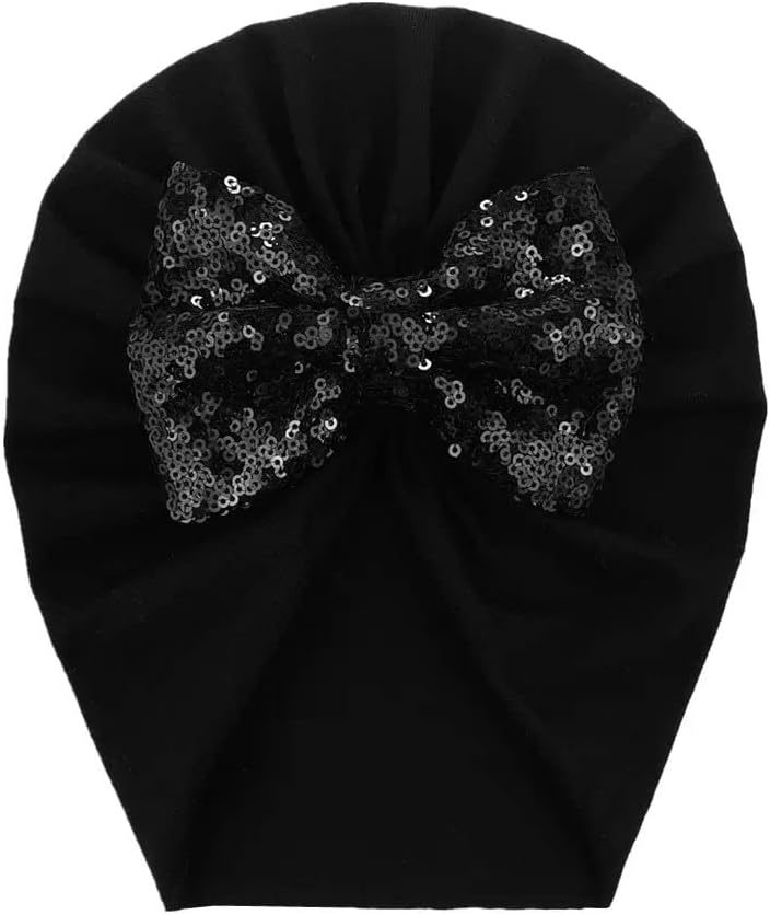 Aashiya TradesAashiya 1 Black with Sequin Bow with Cotton Cloth Turban Kont Bow Cap for Baby Girls & Baby Boys Turban Bow Cap Infant Head Cap