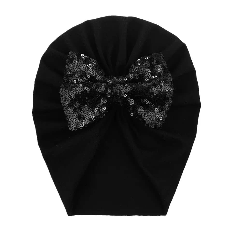 Aashiya TradesAashiya 1 Black with Sequin Bow with Cotton Cloth Turban Kont Bow Cap for Baby Girls & Baby Boys Turban Bow Cap Infant Head Cap