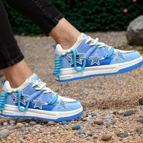 Y2K Chunky Star Print Sneakers for Women – Preppy Vibe Casual Thick Sole Shoes with PU Material, Versatile Elevated2