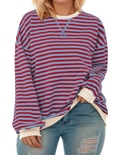 Image of ROSRISS Womens-Plus-Size-Oversized-Sweatshirts Striped Colorblock Long Sleeve Shirts Casual Crewneck Pullover Sweaters XL-5XL