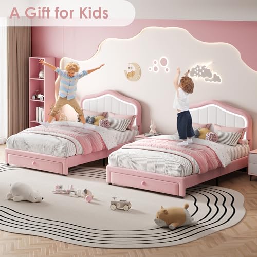 GarveeHome Upholstered Twin XL Bed Frame with Led Lights and Storage Drawer, Velvet Led Bed Frame with Headboard for Kids, Girls, Boys, No Box Spring Needed, Wooden Slats, Noise Free, Pink