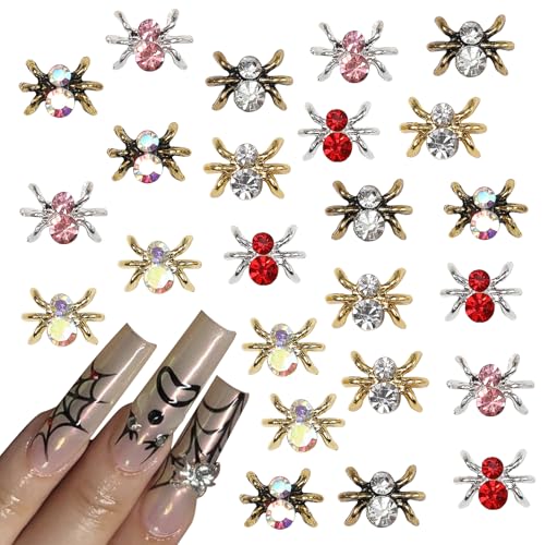 Jremg Halloween Nails Charms 3D Alloy Spider Nail Rhinestones Laser Gold Silver Crystal Nail Diamonds Glossy Red Pink Metallic Spider Nail Jewelry for Women Girls Nail Supplies Decoration 24Pcs