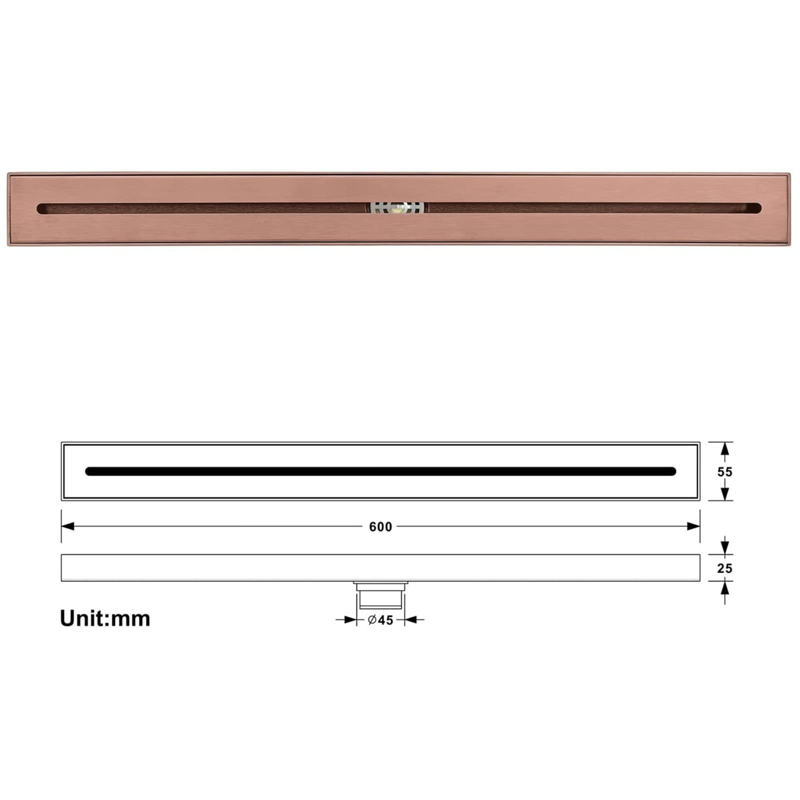 Scarico doccia lineare 60 cm, scarico doccia oro rosa con griglia rimovibile, scarico a pavimento in acciaio inossidabile con filtro per capelli, copertura scarico doccia bagno