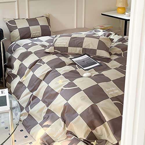 Liwhenhao Check Duvet Cover Set Twin 100% Cotton Bedding Brown Checkered Plaid Meteor Pattern 1 Geometric Grid Comforter Cover Zipper Closure 2 Pillowcases For Kids Girls Boys #TOP2