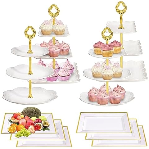 mwellewm 10 Pcs Dessert Table Stand Set 4 Pcs 3-Tier Plastic Cupcake Stands Gold Cake Stand Cookie Tray Rack Serving Tray Cake Display Tower and 6 Pcs Dessert Trays for Wedding Baby Shower Tea Party Cover