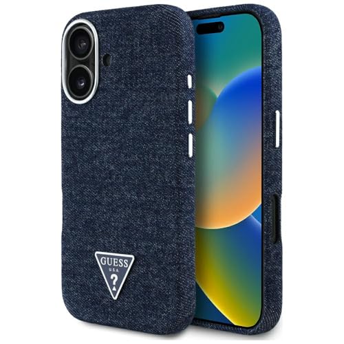 CG MOBILE Guess Denim Logo triangle compatible avec MagSafe Coque pour iPhone 16 (bleu)