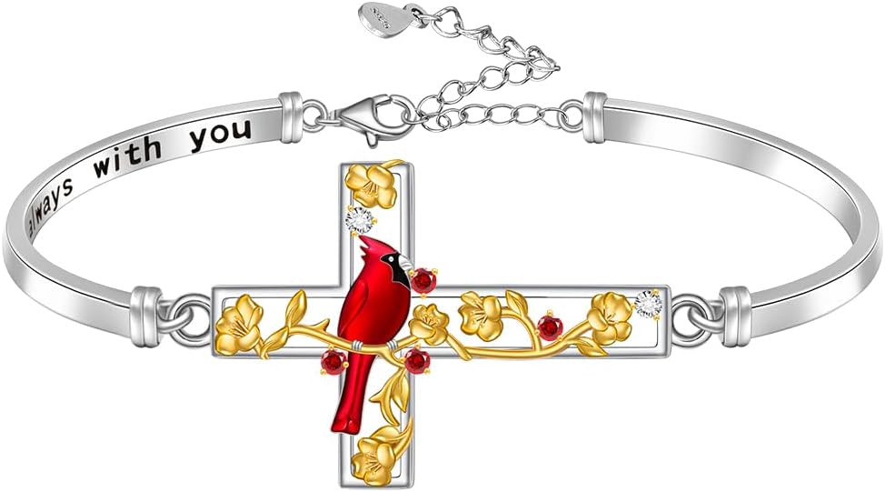 Fenthring Cardinal Bracelet for Women Sterling Silver Cross Bracelets Christmas Red Cardinal Gifts for Loss of Loved One Memorial Sympathy Jewelry
