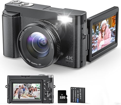 Image of 48MP 4K Digital Camera for Photography & Video, Autofocus, Anti-Shake, 16X Zoom, 3 inch 180 Flip Screen, Vlogging Camera for YouTube with Flash, 32GB Card & Battery Charger - Black