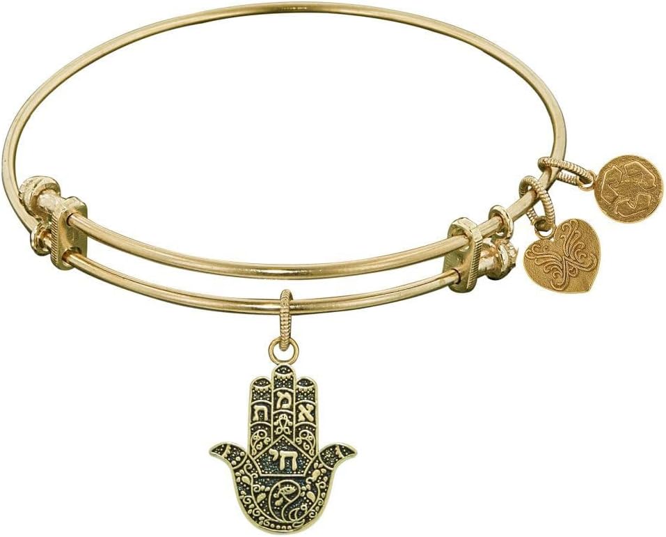 Jewelry Affairs Yellow Finish Brass Hamsa Adjustable Bangle Bracelet, 7.25"