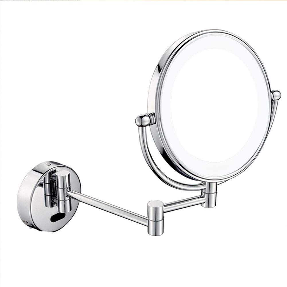 Espejo de Maquillaje, Espejo de maquillaje montado en la pared con aumento, espejo de tocador de baño de dos caras premium de 8 pulgadas con luz LED, giratorio de 360 grados, brazo extensible, redondo