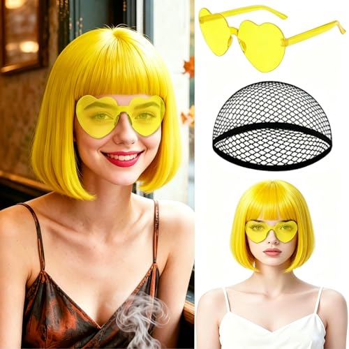 Image of MEEZY Yellow Bob Wig with Bangs Heart Sunglasses for Women, Neon Colored Bob Hair Funny Party Wig Synthetic Crazy Hair for Woman Man Halloween Costume Cosplay Bachelorette Party Supplies