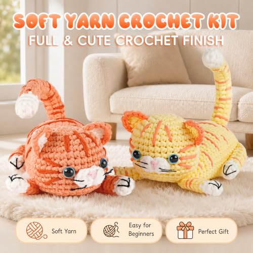 Image of Gipony Crochet Kit for Beginners Animal,Crochet Animal Kits,Crocheting Kit for Starters,Learn to Crochet with Step-by-Step Video Tutorials,Beginner Crochet Kits Adults(Yellow Cat + Orange Cat)