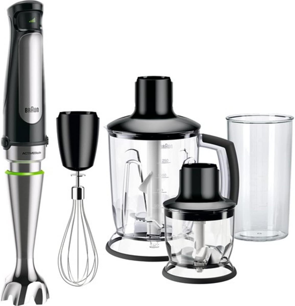 Braun MultiQuick 7 Hand Blender MQ7o45 Aperitif, Variable Speed Control, Anti Splash, Includes 4 Attachments; 350 ml Chopper, 1.25 Litre Blender, Whisk and BPA-Free Plastic Beaker - Black