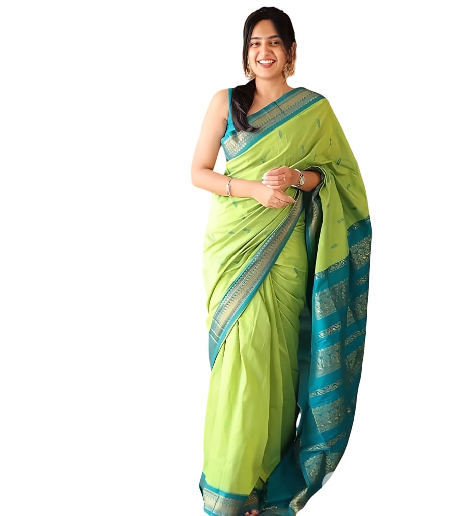Women's Kanjivaram Cotton Silk Saree South Indian Paithani Sari | gadwal cotton sarees with Zari Border and Blouse Piece - Suitable For All Indian Occasions and Festivals 191