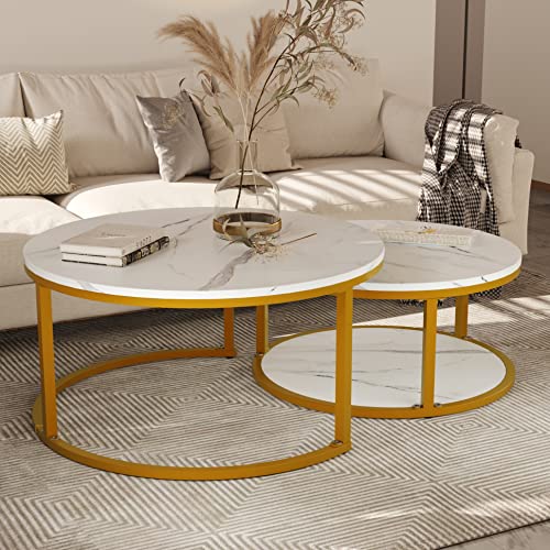 Nsdirect Nesting Coffee Table Set Of 2,Round Coffee Tables Modern Circle Table For Living Room Accent End Side Table With Storage Open Shelf Faux Marble Wood Top & Gold Sturdy Metal Frame,White #TOP1