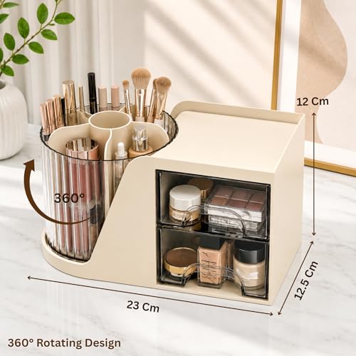 Image of KiZY Luxury 360 Rotating Makeup Brush Holder Organizer | Countertop Organizer Skincare Storage for Vanity, Desktop, Bathroom, Cosmetics | Lipstic, Eyeliners, Perfume Storage. (ROT CREAM)