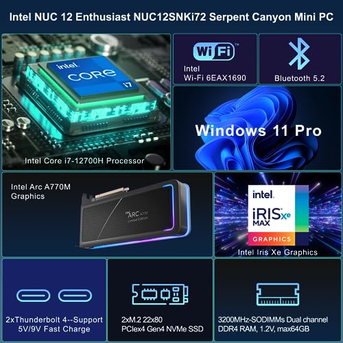 Image of Intel NUC 12 Enthusiast Gaming Mini PC for NUC(NUC12SNKi72 Serpent Canyon) with Core i7-12700H,Up to 4.7GHz, 32GB RAM,1TB PCIe SSD /Arc A770M / Thunderbolt 4 / WiFi6 / Win11 Pro