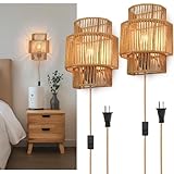 AKEETO Plug-in Wall Sconces Set of 2, Handwoven Bohemian Wall Decor with Switch, Wall Lights Fixtures for Bedroom Living Room Hallway Porch