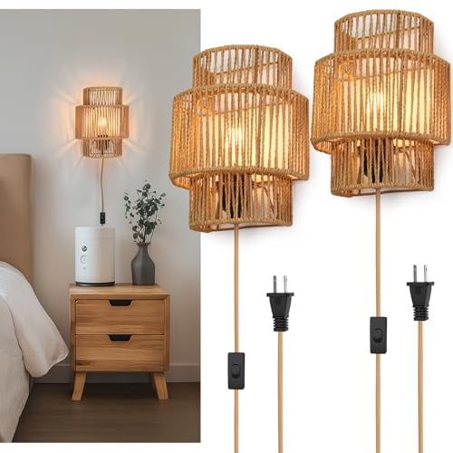 AKEETO Plug-in Wall Sconces Set of 2, Handwoven Bohemian Wall Decor with Switch, Wall Lights...