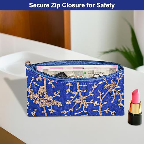 Image of Kuber Industries 2 Pcs Polyester Hand Purse for Woman & Girls with Zip | Lightweight & Compact Ladies Purse /Wallet for Party, Wedding & Events | Embroidery Design - Blue