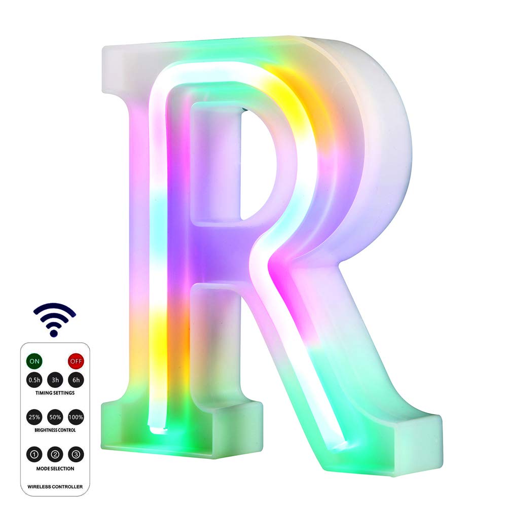 Newly Upgrade LED Neon Letter Lights Marquee Alphabet Light Up Letters with Remote Control，USB/Battery Powered Light Up Letters for Home Decoration Colourful (RC-R)
