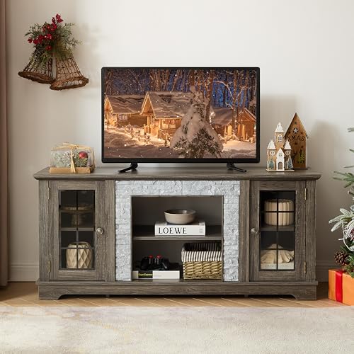SUHYNIN 58 Faux Stone TV Entertainment Stand with Cable Management, TV Media Cabinet with Storage, Modern Media Console for Living Space, Grey