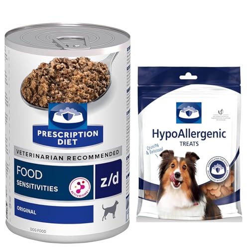 Prescription Diet Canine z/d Food Sensitivities Adult/Senior Wet Dog Food Original Flavour 1 can x 370g and Hypo Allergenic Dog Treats 200g