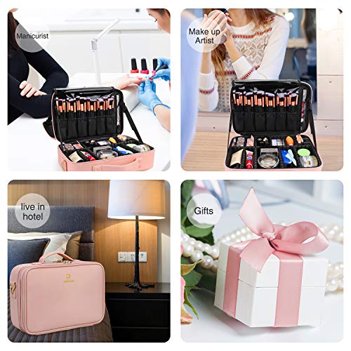 MONSTINA Travel Makeup Bag,Portable Cosmetic Train Case,2 Layer Large Capacity Makeup Organizer with 12 Brush Organizer and Zipper Pocket for Eye shadow Palette,Nail Tool,Beauty