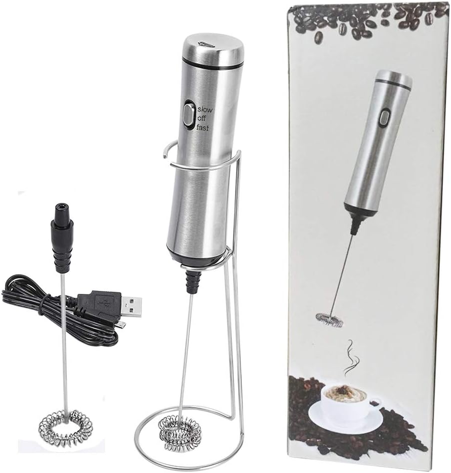 Henghan HH015 Electronic Handheld Wand Rechargeable Stainless Steel Frappe Maker with 2 Spiral Whisk Mixer Head for Hot and Cold Milk Froth, Normal, SS