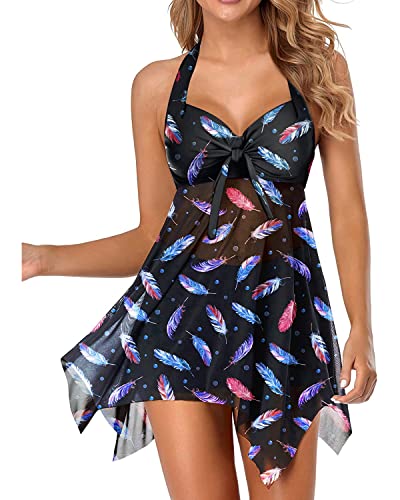 Holipick Women Two Piece Swim Dress Underwire Swimsuits Push Up Tankini Halter Bathing Suit Dress with Boyshorts