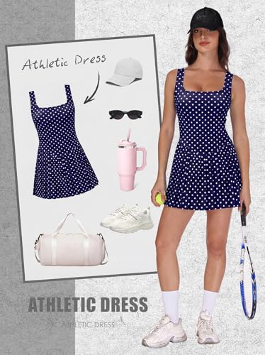 Image of NIASHOT Athletic Dress for Women with Shorts Sleeveless Womens Golf Dress | Pleated skirt with shorts, Vacation dresses, Graduation dresses, Pilates fashion clothing, Country concert outfits for women