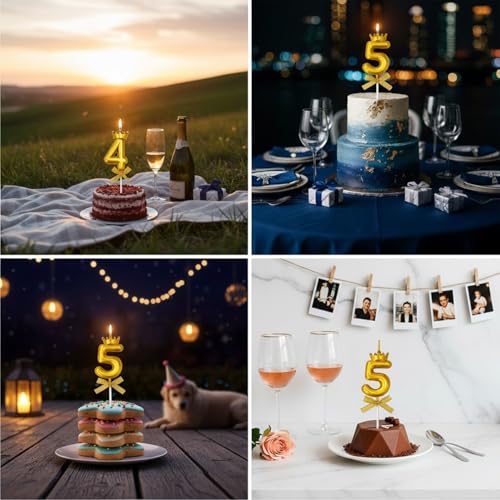 Image of Rozi Decoration Number 5 Birthday Candle for Cake with Crown Design | Gold Metallic Number Candle with Stick | Fifth Birthday Cake Topper for Baby, Kids and Party Celebration