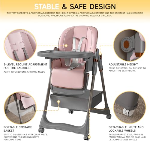 Image of Foldable Baby High Chair with Removable Double Tray & Storage Basket, High Chairs for Babies and Toddlers,5 Height Levels,3 Backrest & Footrest Positions,Removable Double Tray,Lockable Wheels (Pink)