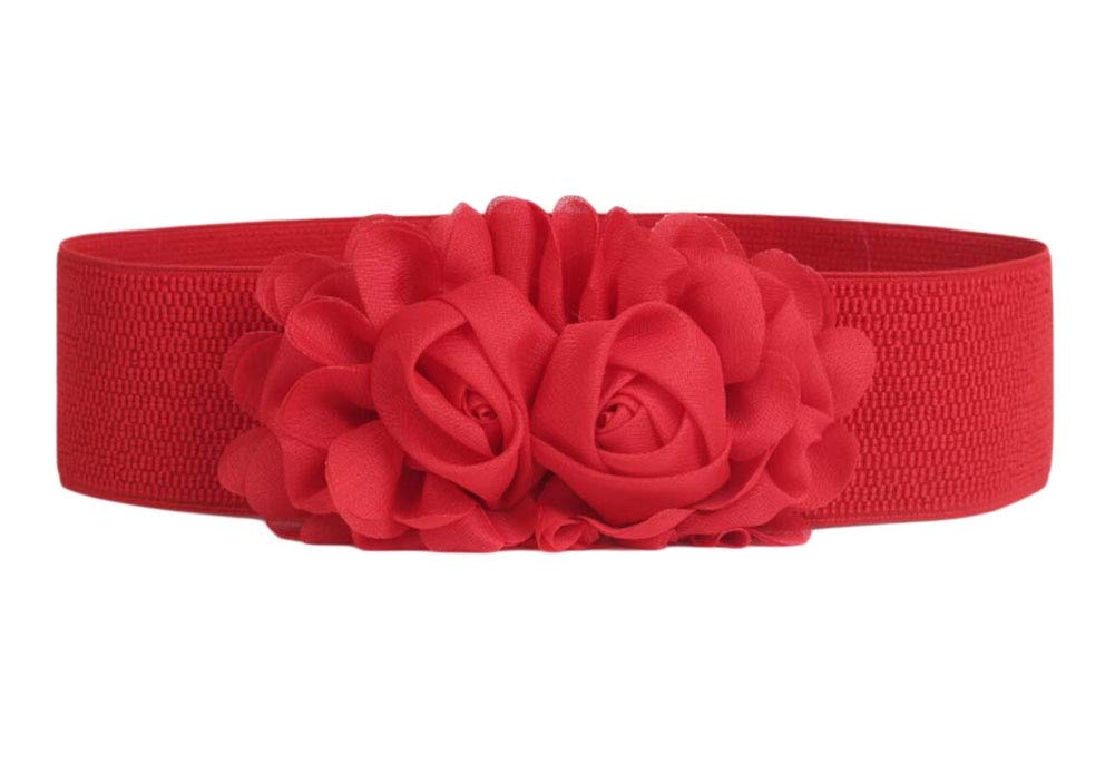 Oyccen Women's Elastic Waistband Wide Chiffon Roses Belt Dress, Red, One Size