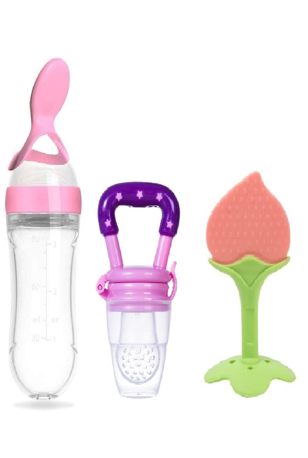 Drisona Silicone BPA Free Silicon Spoon Feeder, Fruit Nibbler, Teether Combo for Newborn Infant Same Color and Design for Your Baby Girl (Pink,Pack of 3)-image-13