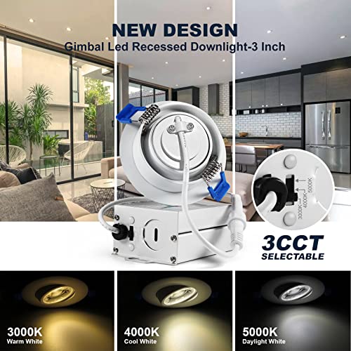 Image of Sublimation 4 Packs 3 Inch Gimbal Led Recessed Light with Junction Box 10w,Waterproof recessed Lights for Shower,3 Colors Adjustable,Suitable for Bathroom,Parlor,Bedroom,Kitchen,Balcony