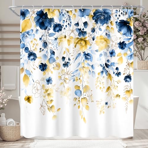Ufeela Blue and Yellow Floral Shower Curtain 72Wx72L Inch Watercolor Flower Eucalyptus Leaf Plant Gold Pastel Botanical Wildflower Bathroom Set Pretty Girls Bath Curtain Bathtub Accessories Home Decor