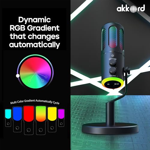 Image of Akkord USB Condenser Microphone with RGB Lights, Real-Time Monitoring, Noise Cancellation, Plug & Play USB-C Mic for PC, Mac, Android, iPad - Ideal for Podcasting, Gaming & Streaming